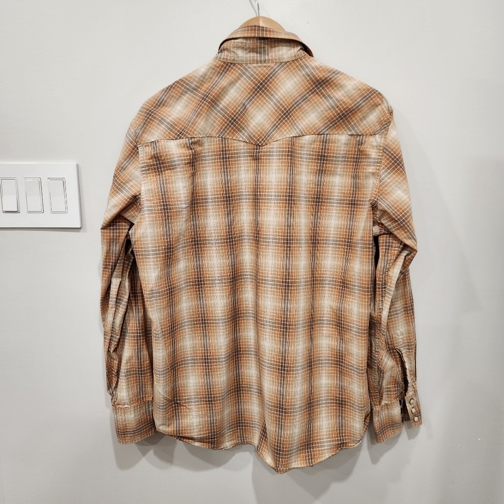 Lucky Brand Shirt Mens Large Brown 100% Cotton Pearl Snap Stretch Plaid Western - Picture 3 of 10